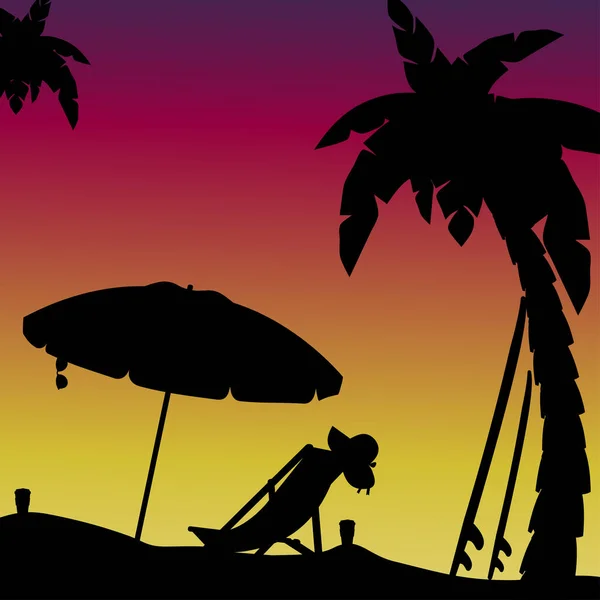 Scène Silhouette Soirée Sur Plage Avec Des Palmiers Illustration Vectorielle — Image vectorielle