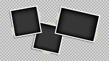 Şeffaf yapıştırıcı bantla yapıştırılmış boş fotoğraf çerçevesi. Mesaj ya da fotoğraf için siyah boşluk. Gerçekçi detaylı fotoğraf şablonu tasarım simgesi.