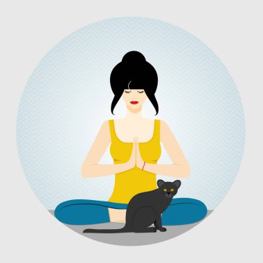 Yoga. Kadın Lotus pozisyonunda oturur, bacak bacak üstüne atar ve meditasyon yapar. Kadının yanında bir kedi oturuyor. vektör illüstrasyonu.