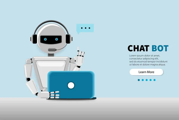 Chat Bot Using Laptop Computer, Robot Virtual Assistance Of Website Or Mobile Applications. Voice support service bot. Online support bot. Vector illustration.