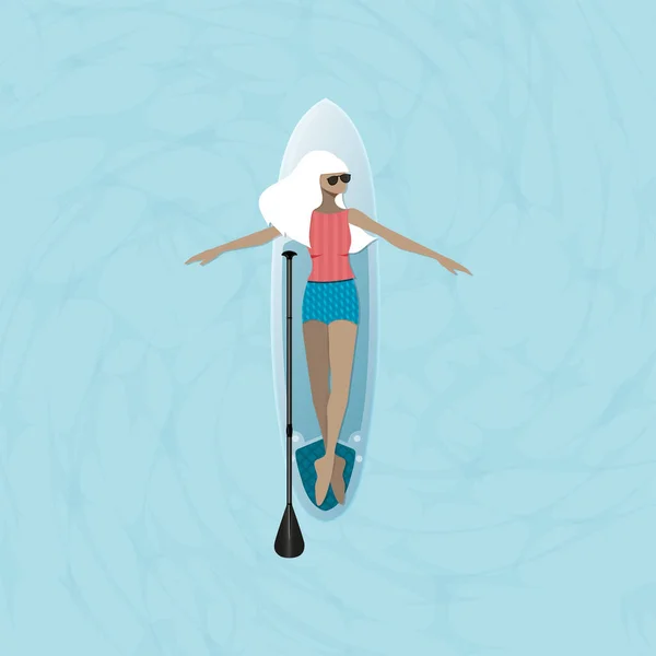 かわいい女の子ボード上の湖や海の上にパドルの横に横たわっている 海辺のリゾートで休暇 ベクターイラスト — ストックベクタ