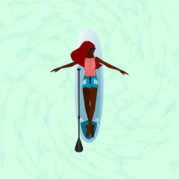 Афро Американская Симпатичная Девушка Лежит Доске Супа Рядом Лодкой Озере — стоковый вектор