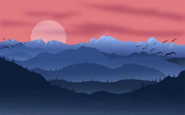 Sonnenuntergangslandschaft Den Bergen Wald Und Gebirgssilhouetten Abendliches Waldpanorama Vektor Illustration — Stockvektor