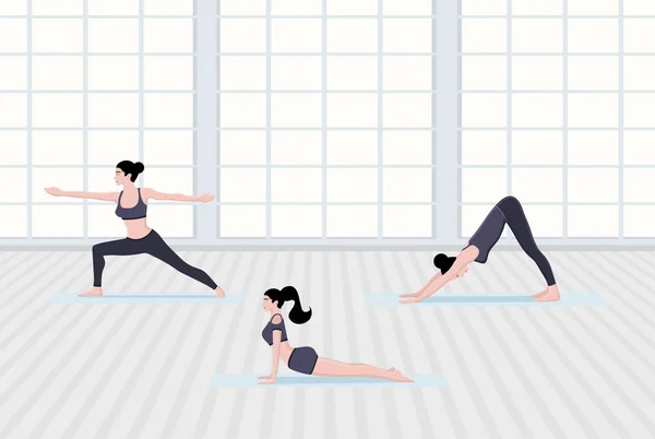 Lezione Yoga All Aperto Contro Finestra Panoramica Sullo Sfondo Illustrazione — Vettoriale Stock
