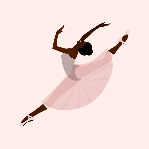 Afro-Amerikan balerin, etekli genç balerin ve pembe arka planda tek tek dans eden sivri uçlu ayakkabılar. Vector grafik güzel kadın karakter düz bir tarzda klasik bale yapıyor.
