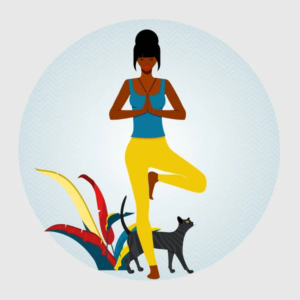 Yoga Femme Afro Américaine Debout Dans Arbre Pose Position Yoga — Image vectorielle