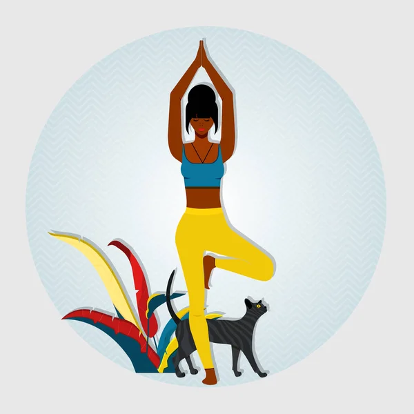 Yoga Mujer Afroamericana Pie Árbol Posan Posición Yoga Meditación Lado — Vector de stock