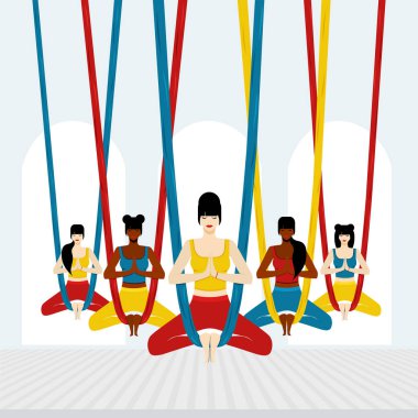 Hava yogası. Kadınlar nilüfer pozisyonunda oturur, bacak bacak üstüne atar ve meditasyon yaparlar. vektör illüstrasyonu.
