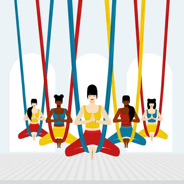 Yoga Aérien Les Femmes Assoient Position Lotus Les Jambes Croisées — Image vectorielle