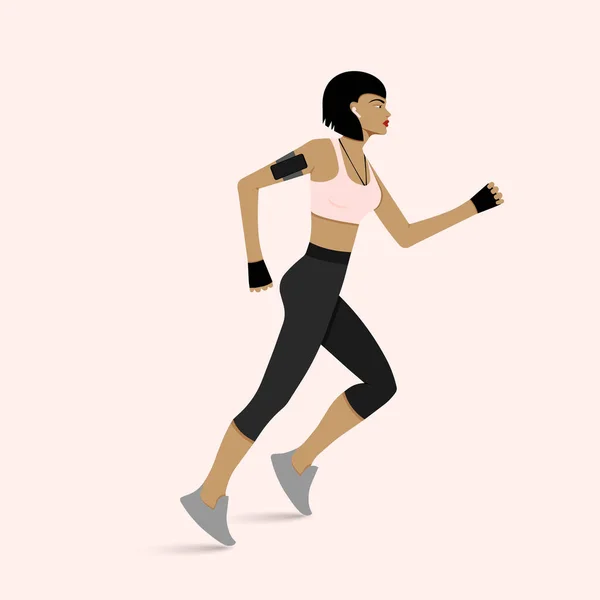 Donna Esecuzione Durante Allenamento Fitness Vettoriale Illustrazione Atleta Con Smartphone — Vettoriale Stock