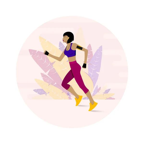 Vrouw Loopt Tijdens Fitness Training Vector Illustratie Atleet Met Smartphone — Stockvector