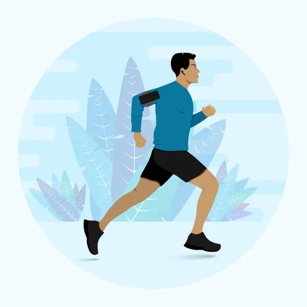 Homem Correndo Durante Treinamento Fitness Ilustração Vetorial Atleta Com Smartphone — Vetor de Stock