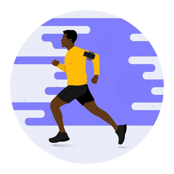 Uomo Esecuzione Durante Allenamento Fitness Vettoriale Illustrazione Atleta Con Smartphone — Vettoriale Stock