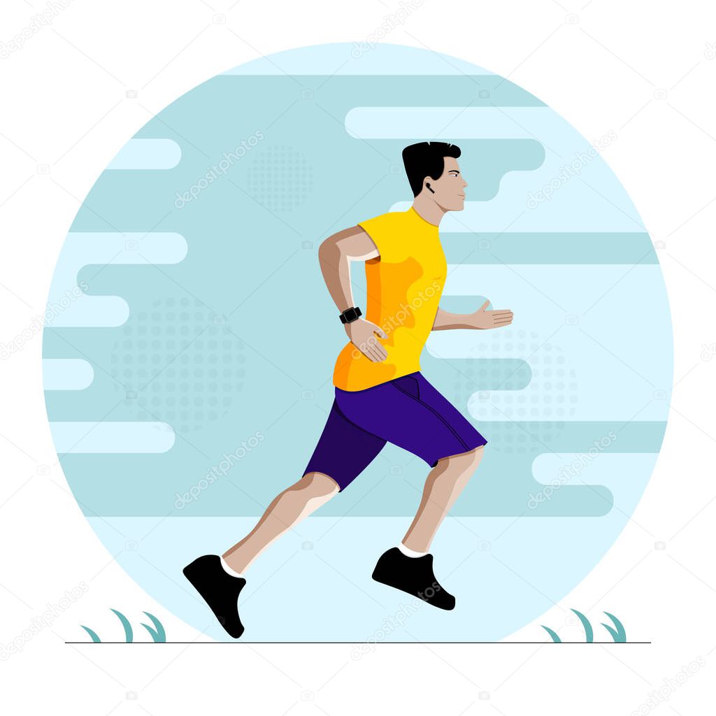 Man running during fitness training vector illustration. Athlete listening to music and running during workout. 