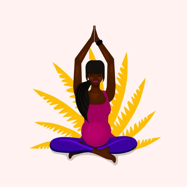 African American Pregnant Girl Sits Lotus Position Vector Illustration Flat — Stock Vector