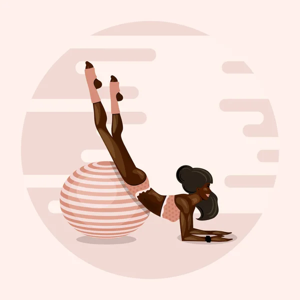 African American Girl Goes Sports Gymnastic Ball Aerobics Fit Ball — Stock Vector