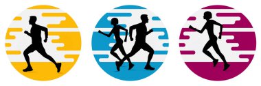 Kadın ve erkeğin vücut geliştirme vektör çizimi sırasında siluetlerini çalıştırması. Sporcular antrenman sırasında koşar..