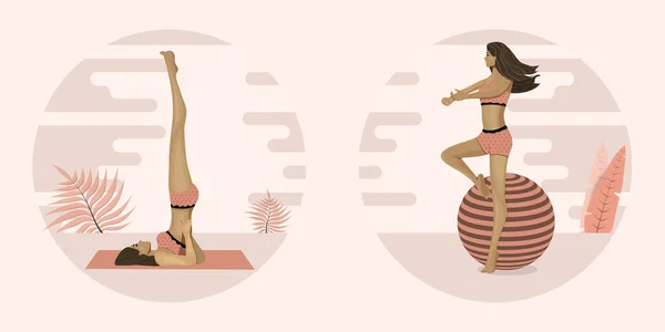 Joven Mujer Dedica Yoga Pilates Haciendo Ejercicios Ilustración Vectorial — Archivo Imágenes Vectoriales