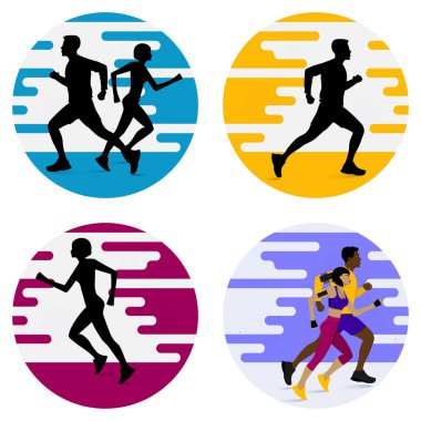 Vücut geliştirme vektör çizimi sırasında siluetleri çalıştıran kadın ve erkek. Sporcular antrenman sırasında koşuyor.