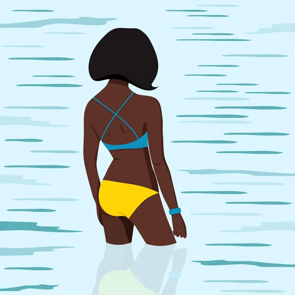 穿着泳衣的非洲裔美国女孩去海里游泳 从后面看矢量说明 — 图库矢量图片