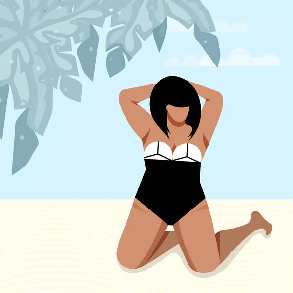 迷人又大的女孩穿着泳衣在海滩上 身体正面的概念 矢量说明 — 图库矢量图片
