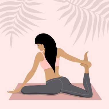 Esmerin pembe arka planda yoga yapmasının vektör çizimi. Meditasyon, spor, sağlıklı yaşam tarzı, yoga pozları. Spor kıyafetlerinde esneme egzersizi..