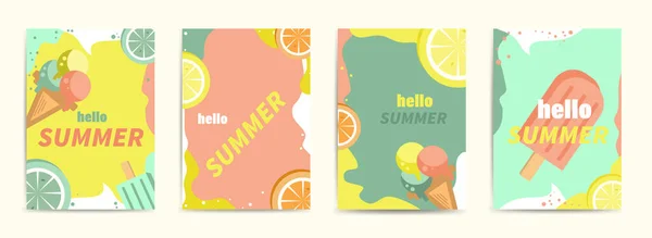 Conjunto Carteles Hola Verano Vacaciones Vacaciones Diseño Plano — Vector de stock