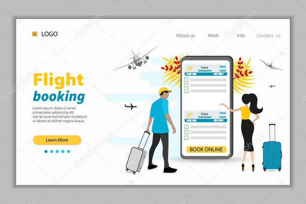 Flight booking. Online budget travel booking in internet plane flights reservation vacation holiday vector traveling service concept.