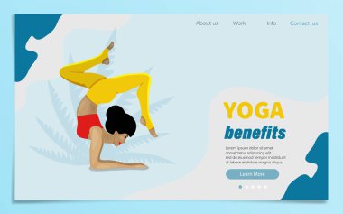 Adho Mukha Vrksasana egzersizinde. Yoga, meditasyon konsepti, vücut için sağlık faydaları, zihin ve duyguların kontrolü. Yoga okulunun web sayfası şablonu, stüdyo.