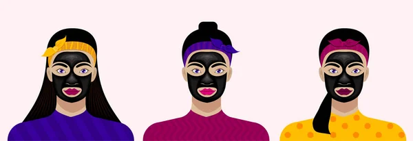 Female Faces Black Facial Sheet Mask Facial Skin Care Vector — Stock Vector
