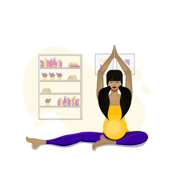 Jeune Fille Enceinte Est Assise Position Yoga Pose Arbre Méditation — Image vectorielle