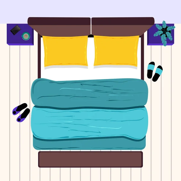 Tweepersoonsbed Met Nachtkastjes Slaapkamer Bovenaanzicht Vectorillustratie — Stockvector