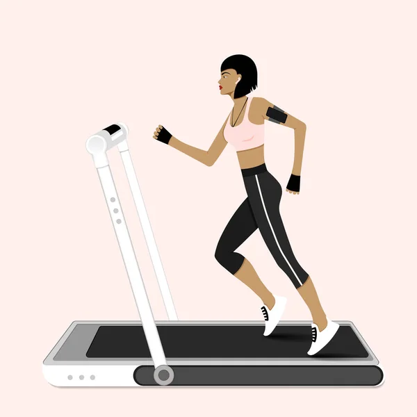 Vrouw Loopband Vector Illustratie Van Meisje Oefenen Fitnesscentrum — Stockvector