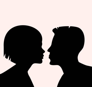 Aşık genç bir çift silueti. Öpücükten önce. Vektör çizimi. Bir yazıt için yer.