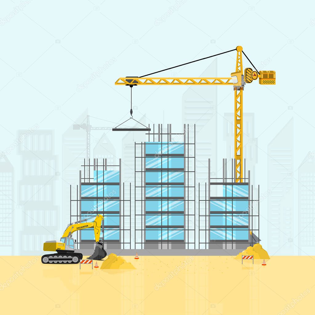 Buildings and special equipment at the construction site. Construction with construction crane and excavator. Vector illustration. 