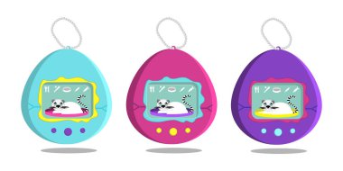 Tamagotchi - 90 'ların taşınabilir cep oyunu. Beyaz arka grupta vektör illüstrasyonu izole edildi.