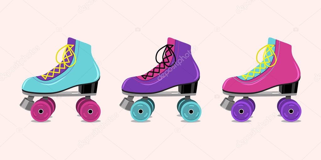 Vector illustration with retro roller skates on pink  background.