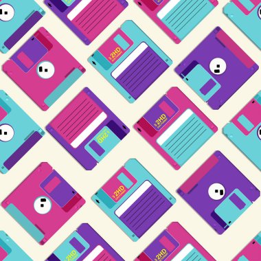 Bej arka plandaki bilgisayar için disket deseni. Disket işareti. Vektör illüstrasyonu. 