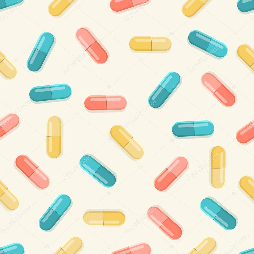 Medical pills seamless pattern, medicine vector on beige background.