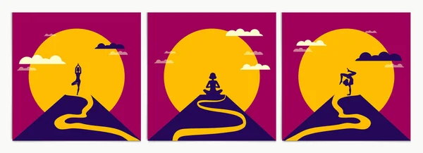 Kadın sabahları dağın tepesinde meditasyon ve yoga yapıyor. Gün doğumunda yoga ve meditasyon eğitimi alan siluet kadın ile meditasyon temasının vektör çizimi. 