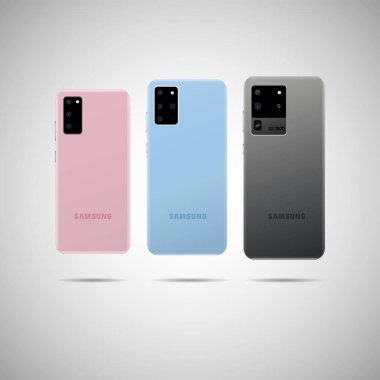 Vilnius, Litvanya - 17 Ekim 2020: Galaxy S20 Plus, Galaxy S20 Ultra akıllı telefonlar SAMSUNG tarafından geliştirildi. SAMSUNG yeni bir model yayınlıyor. Vektör illüstrasyonu.