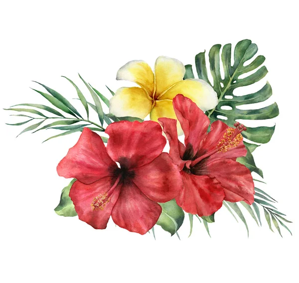 Acuarela floral ramo tropical con hibisco y plumeria. Monstera pintada a mano, rama de palma y frangipani aislados sobre fondo blanco. Ilustración botánica para diseño, impresión o fondo . — Foto de Stock