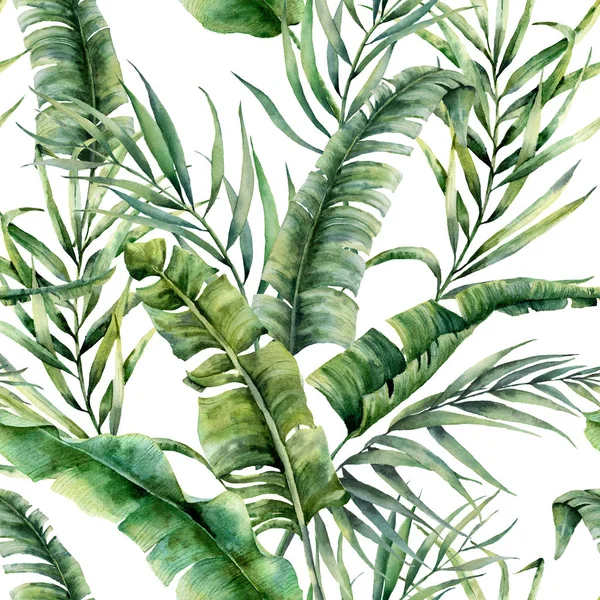 Akvarell tropiska sömlösa mönster med kokos och banan palm lämnar. Handmålade grönska exotiska gren på vit bakgrund. Botaniska illustration för design, skriva ut, tyg eller bakgrund. — Stockfoto