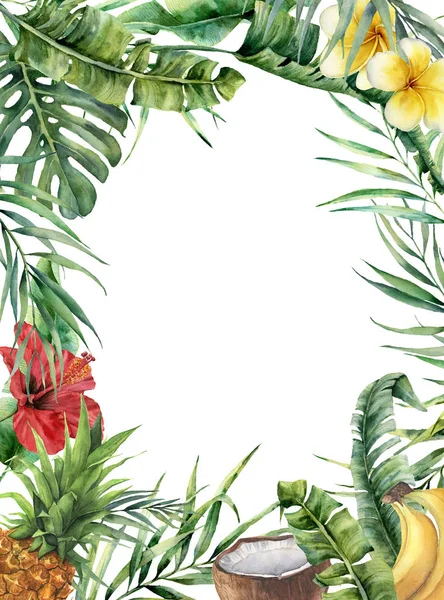 Watercolor tropical frame with exotic flowers. Hand painted floral illustration with banana, coconut, hibiscus, plumeria, pineapple and palm branches isolated on white background for design or print. — Stock Photo, Image