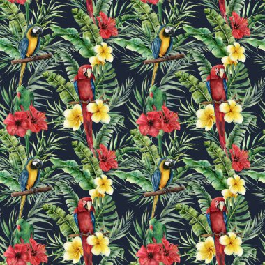 Papağan ve tropikal yaprak suluboya tropikal seamless modeli. El çiçekler ve palmiye dalı koyu mavi zemin üzerine boyalı. Botanik Gösterim amacıyla tasarım, baskı, kumaş veya arka plan.