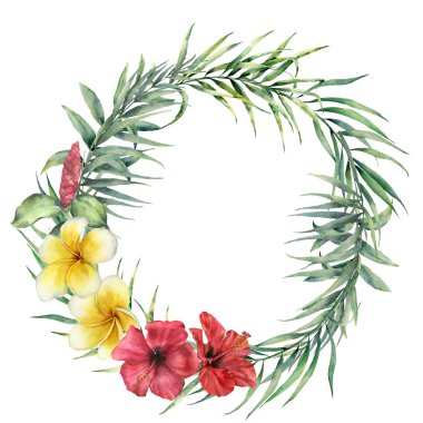 Suluboya çelenk çiçek ve palmiye yaprakları. Hindistan cevizi ile boyalı çiçek illüstrasyon, Okaliptüs yaprakları, plumeria ve beyaz arka plan üzerinde izole hibiscus türden. Tasarım, yazdırma veya arka plan için.