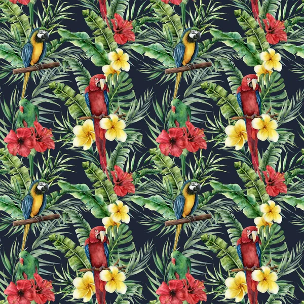 Watercolor tropical seamless pattern with parrot and tropical leaves. Hand painted flowers and palm branch on dark blue background. Botanical illustration for design, print, fabric or background.
