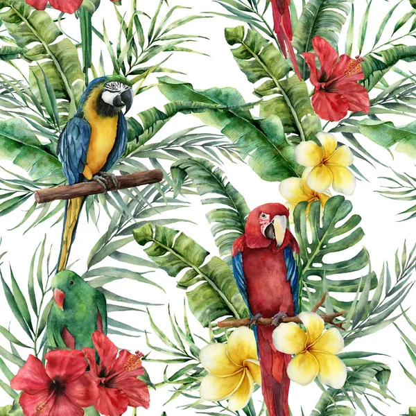 Watercolor tropical seamless pattern with tropical leaves and parrot. Hand painted flowers and palm branch on white background. Botanical illustration for design, print, fabric or background.