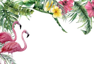 Suluboya tropikal afiş ile egzotik çiçekler, yapraklar ve flamingo. El boyalı çerçeve ile palmiye yaprakları, şubeleri, monstera, frangipani ve ebegümeci izole tasarımı için beyaz zemin üzerine veya yazdırma.