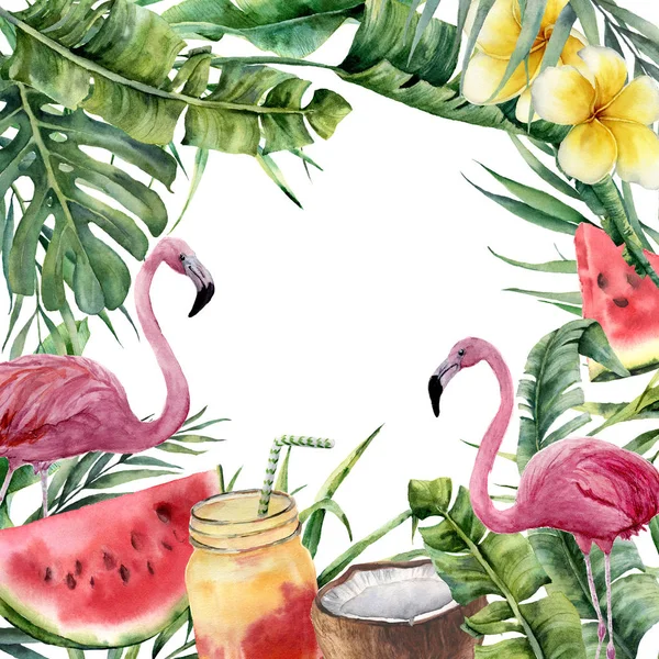 Watercolor tropical frame with palm branch and pink flamingo. Hand painted floral illustration with cocktail, watermelon, coconut and plumeria isolated on white background for design, fabric or print.